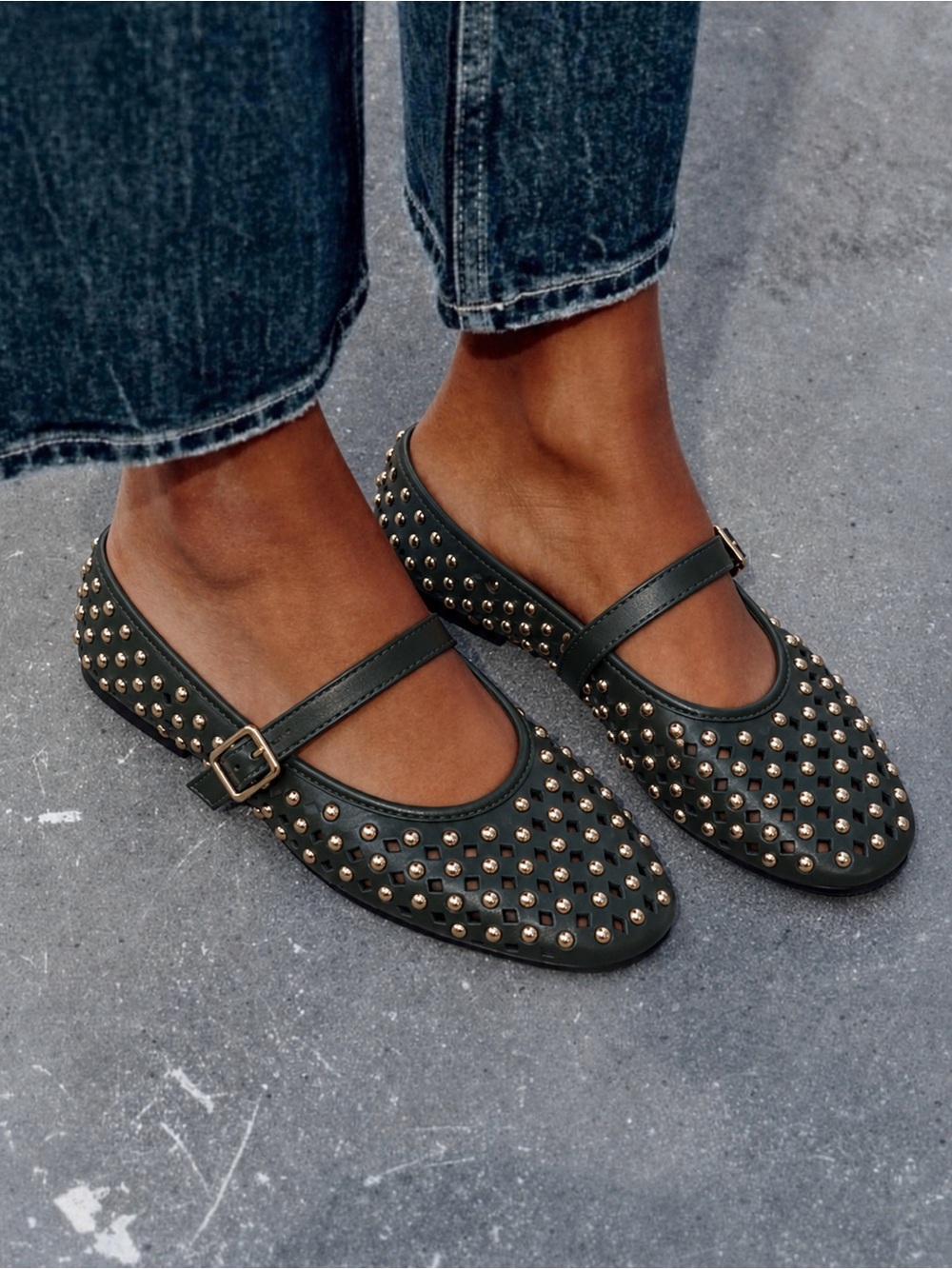 Dark Green Studded Mary Jane Ballet Flats Size 38 7.5 8 Y2K Diamond Cutout Shoes